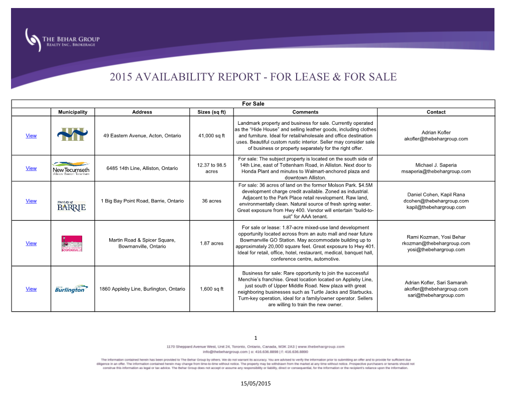 2015 Availability Report - for Lease & for Sale