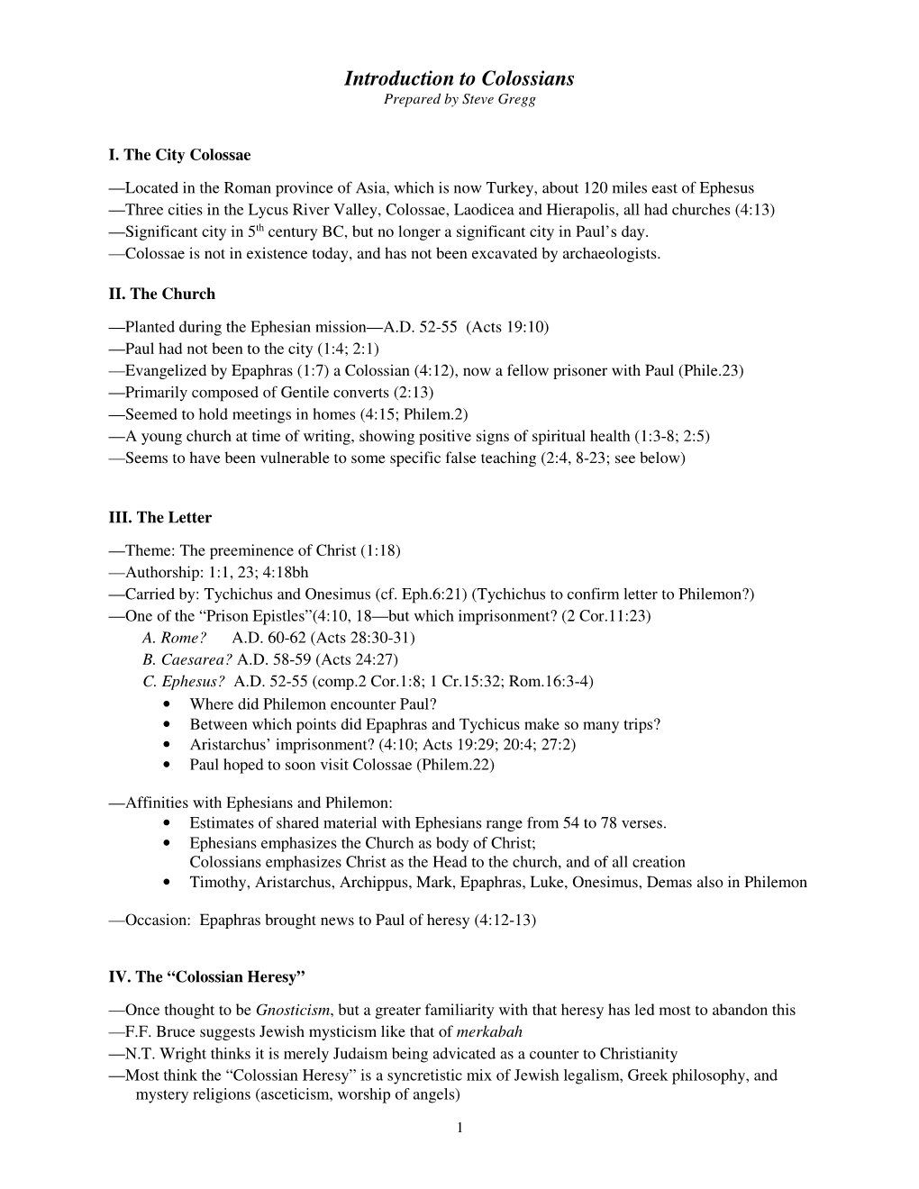 Introduction to Colossians Prepared by Steve Gregg