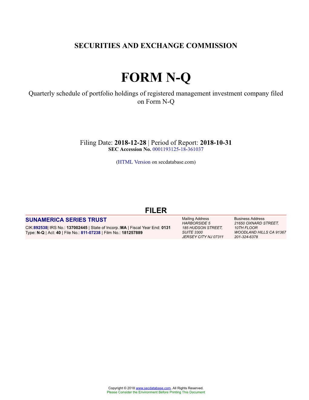 SUNAMERICA SERIES TRUST Form N-Q Filed 2018-12-28