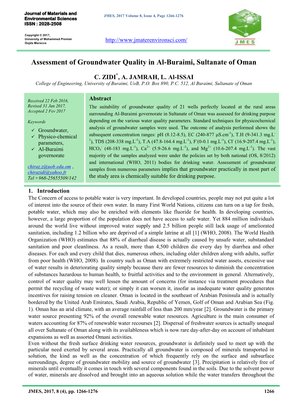 Assessment of Groundwater Quality in Al-Buraimi, Sultanate of Oman, ZIDI C., Jamrah A., Al-Issai