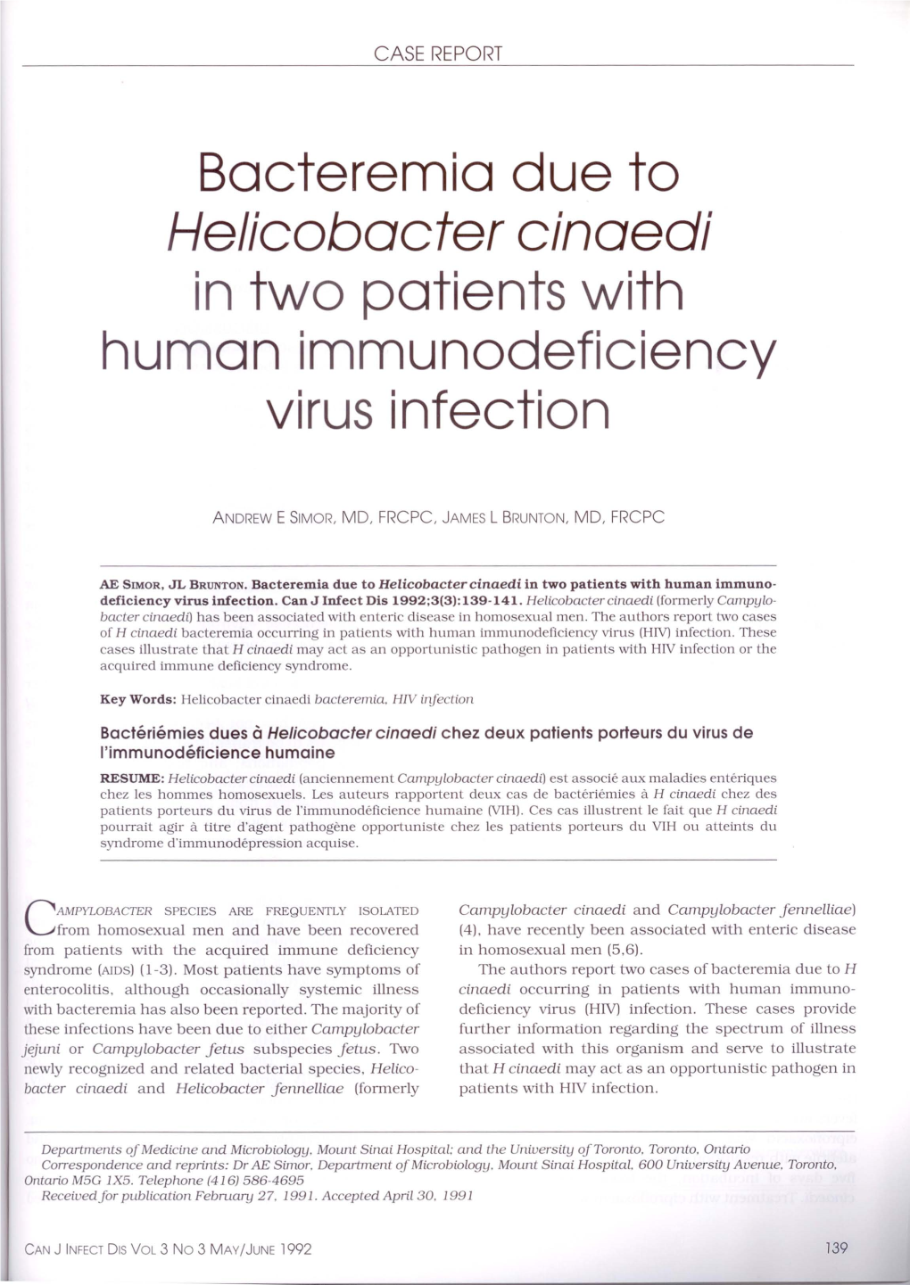 Bacteremia Due to Helicobacter Cinaedi in Two Patients with Human Immunodeficiency Virus Infection