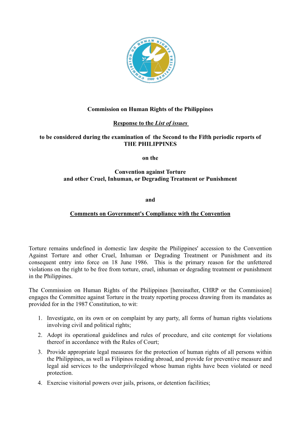 Commission on Human Rights of the Philippines Response to the List Of