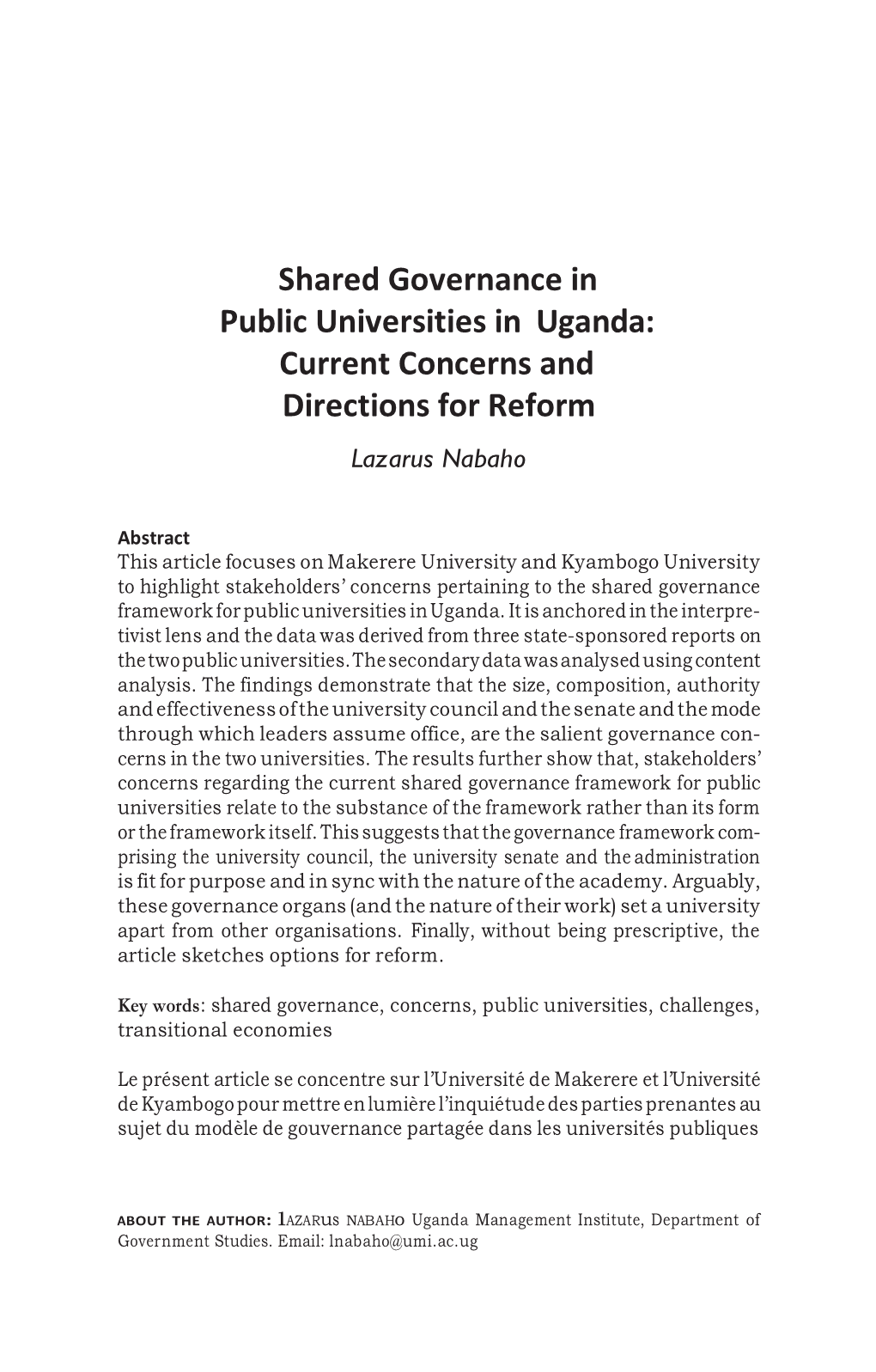 Shared Governance in Public Universities in Uganda: Current Concerns and Directions for Reform Lazarus Nabaho