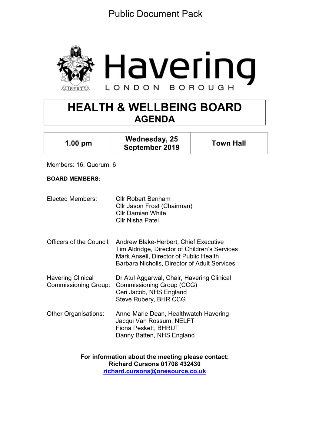 (Public Pack)Agenda Document for Health & Wellbeing Board, 25/09/2019 13:00