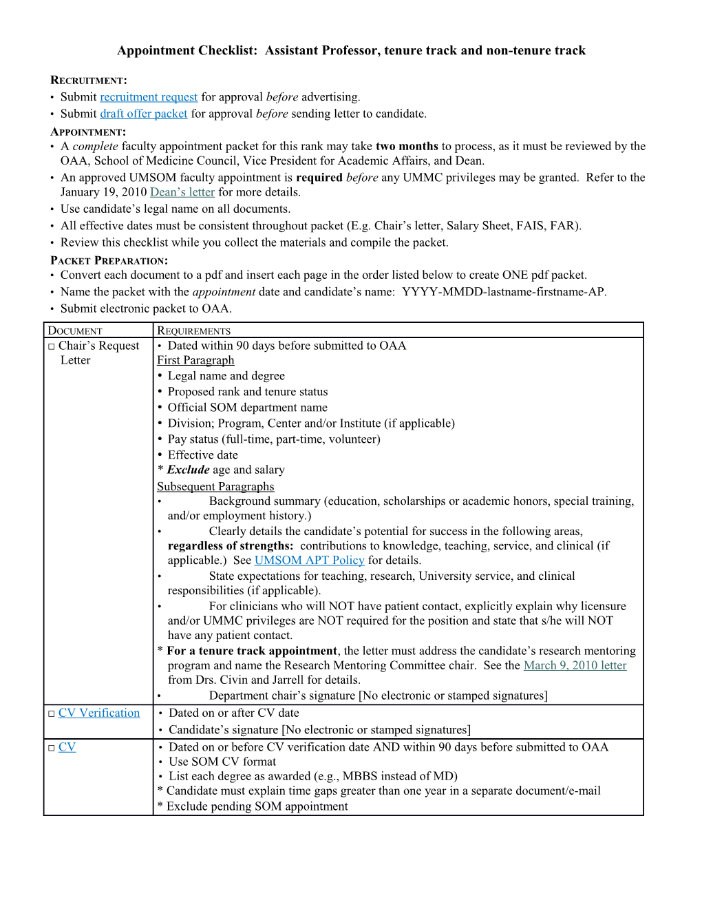 Appointment Checklist: Assistant Professor, Tenure Track and Non-Tenure Track