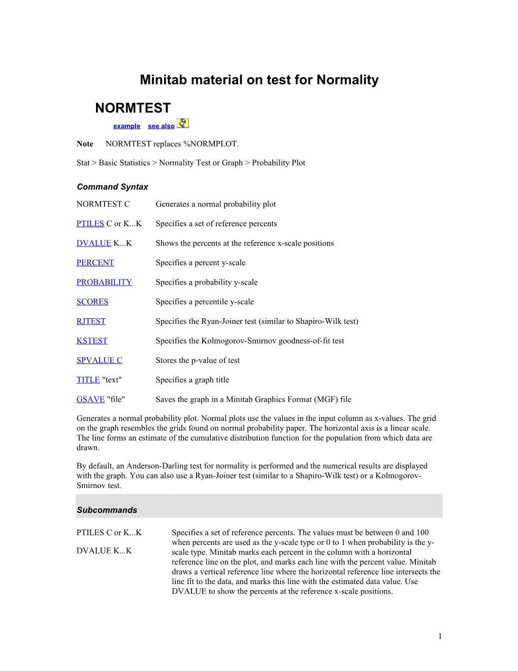 Minitab Material on Test for Normality