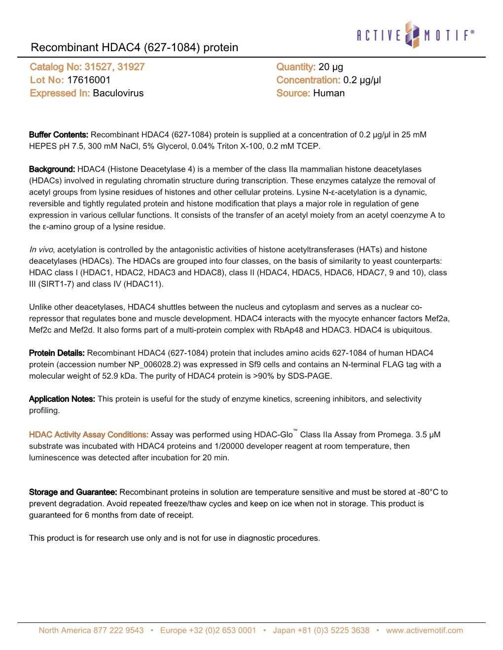 Recombinant HDAC4 (627-1084) Protein Catalog No: 31527, 31927 Quantity: 20 Μg Lot No: 17616001 Concentration: 0.2 Μg/Μl Expressed In: Baculovirus Source: Human