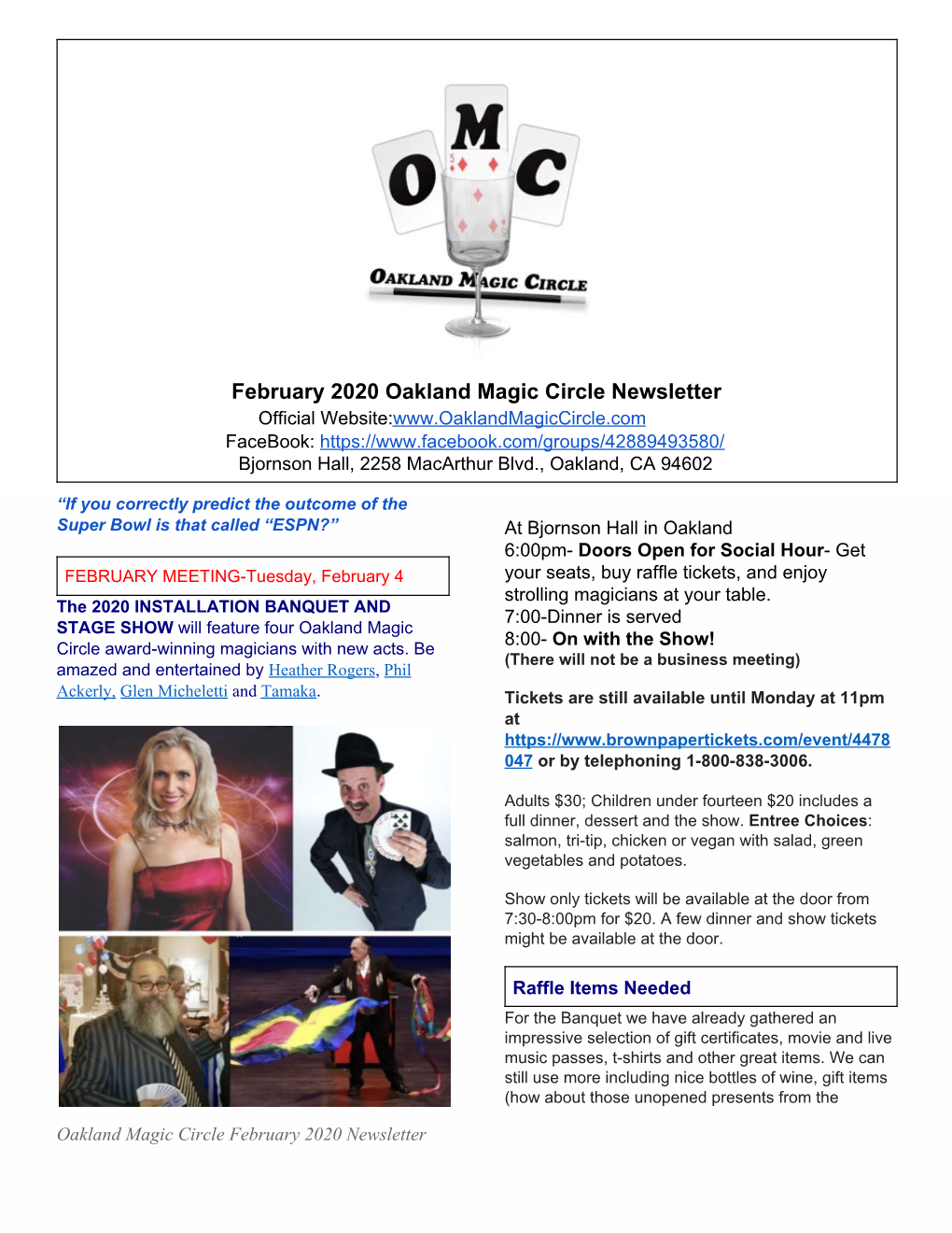 February 2020 Oakland Magic Circle Newsletter