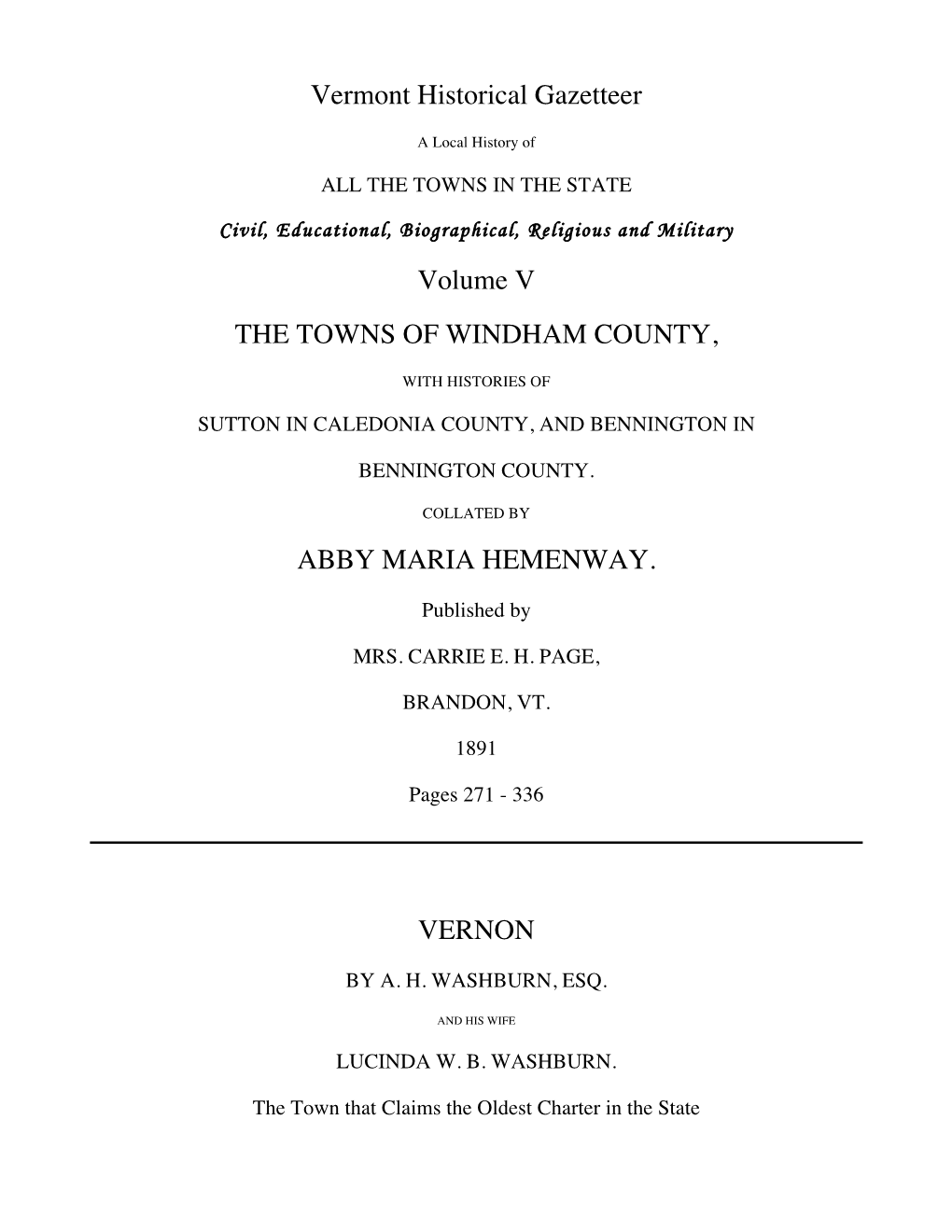 Vermont Historical Gazetteer Volume V the TOWNS of WINDHAM