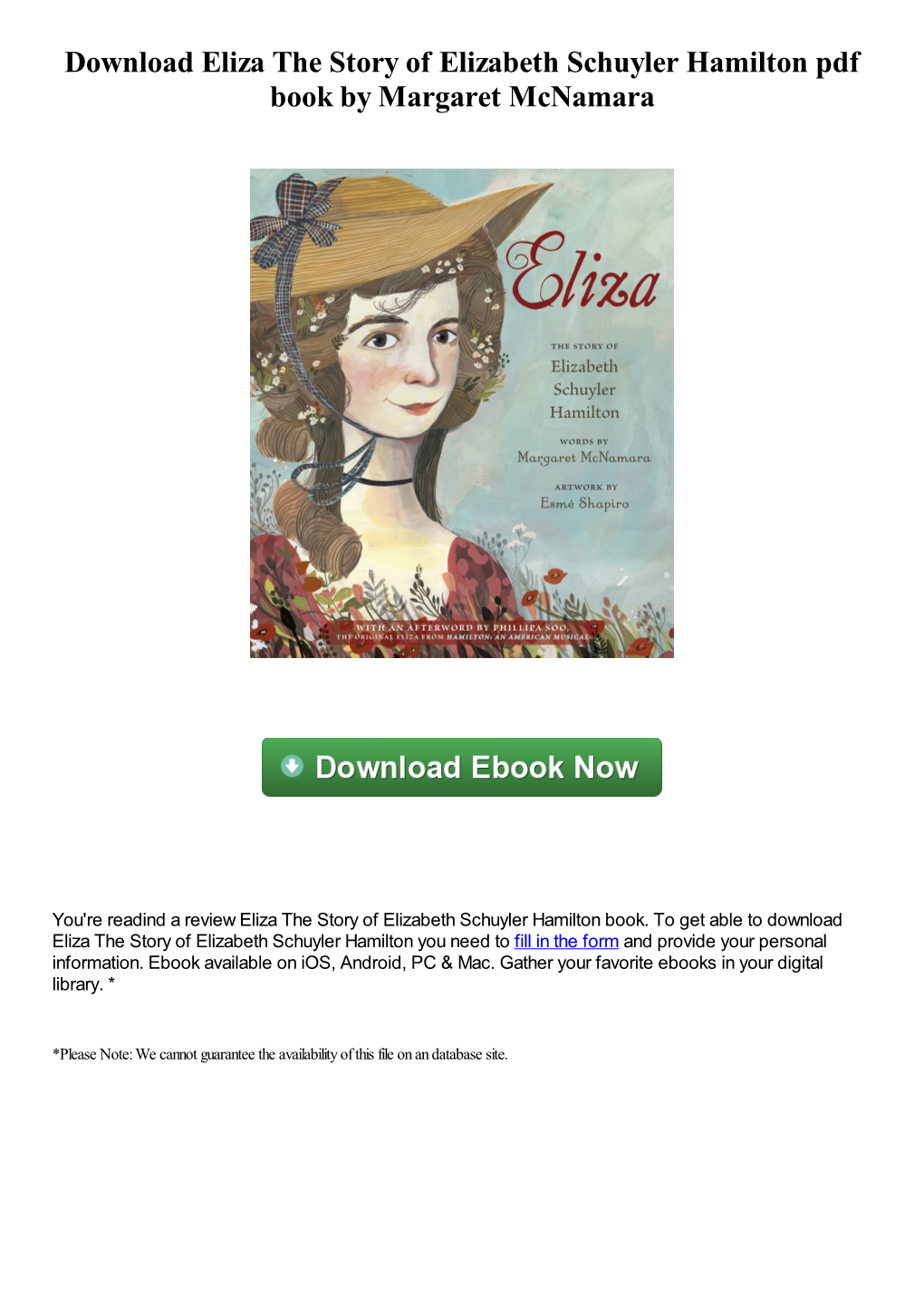 Download Eliza the Story of Elizabeth Schuyler Hamilton Pdf Book by Margaret Mcnamara