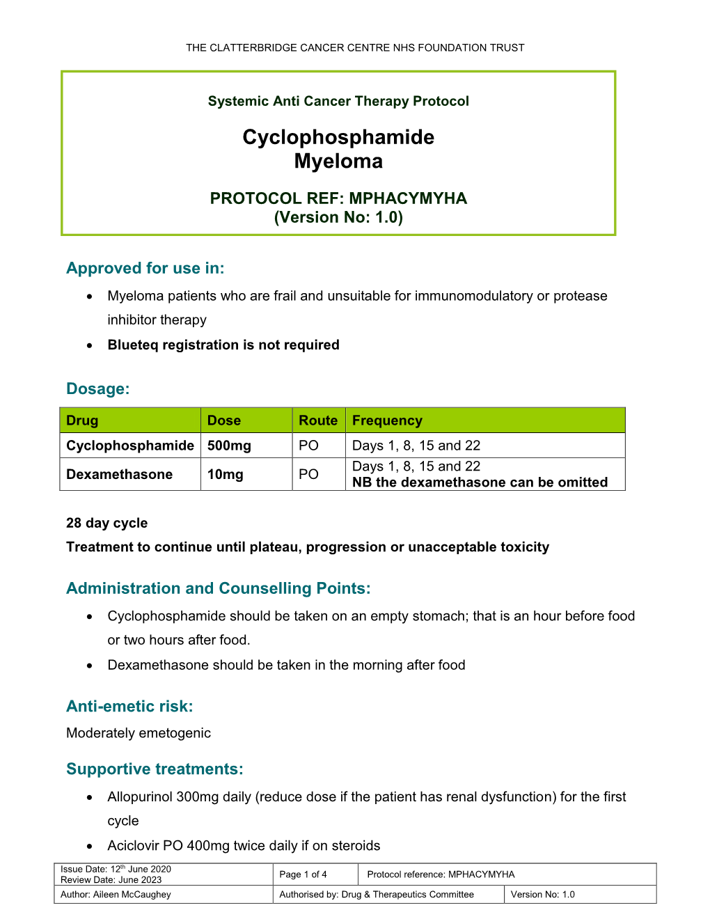 Cyclophosphamide Myeloma Protocol V1.0