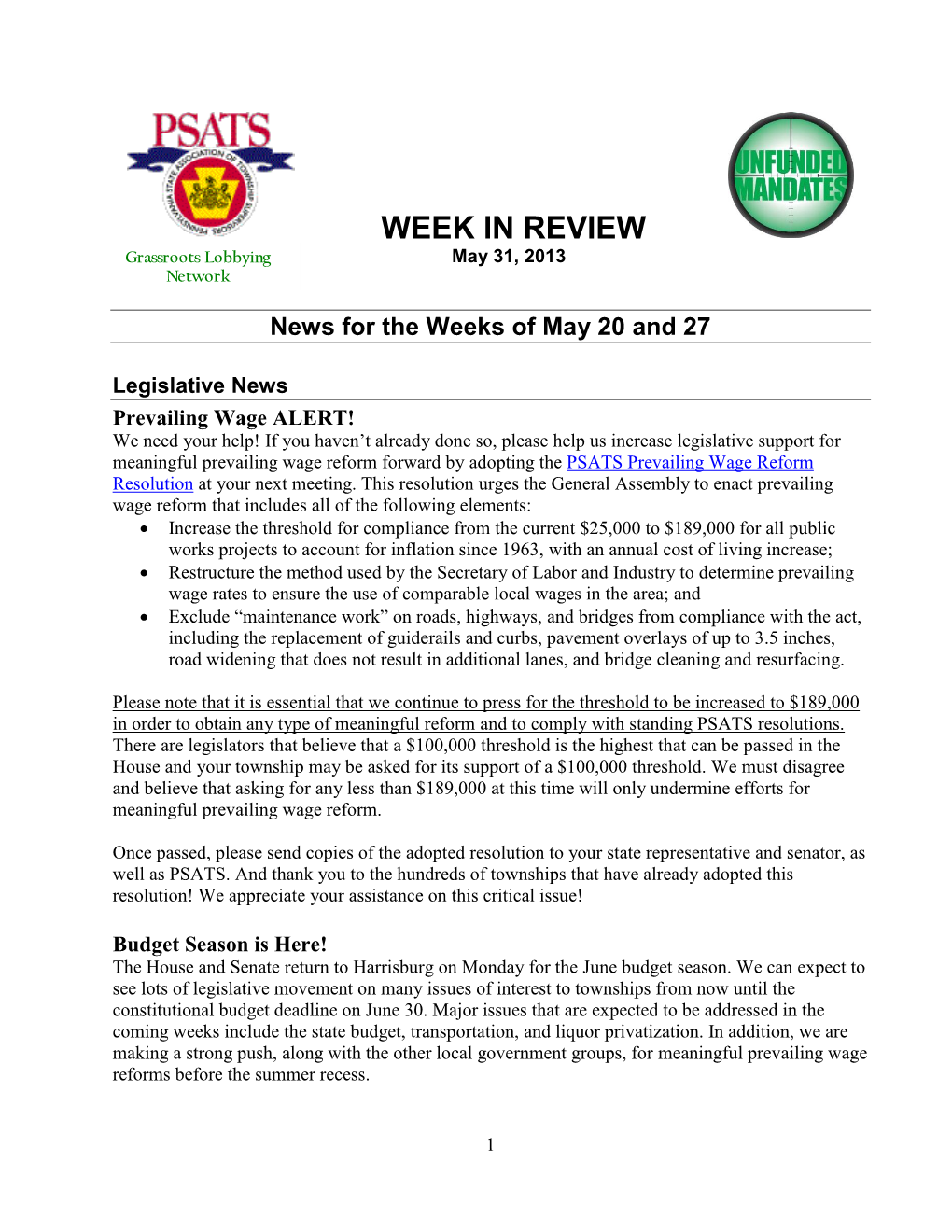 WEEK in REVIEW Grassroots Lobbying May 31, 2013 Network