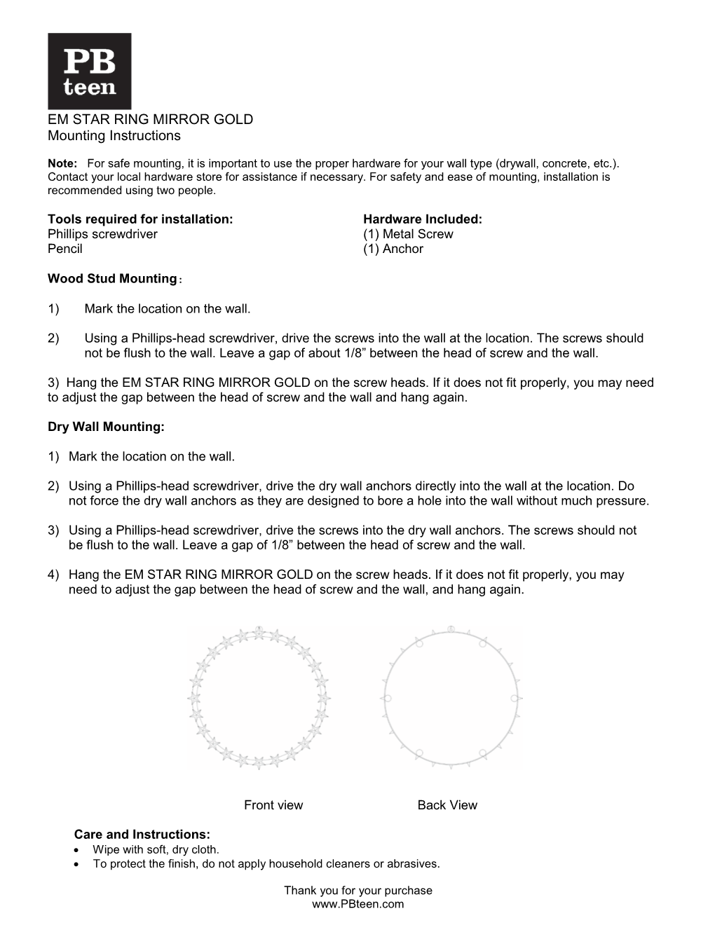 EM STAR RING MIRROR GOLD Mounting Instructions