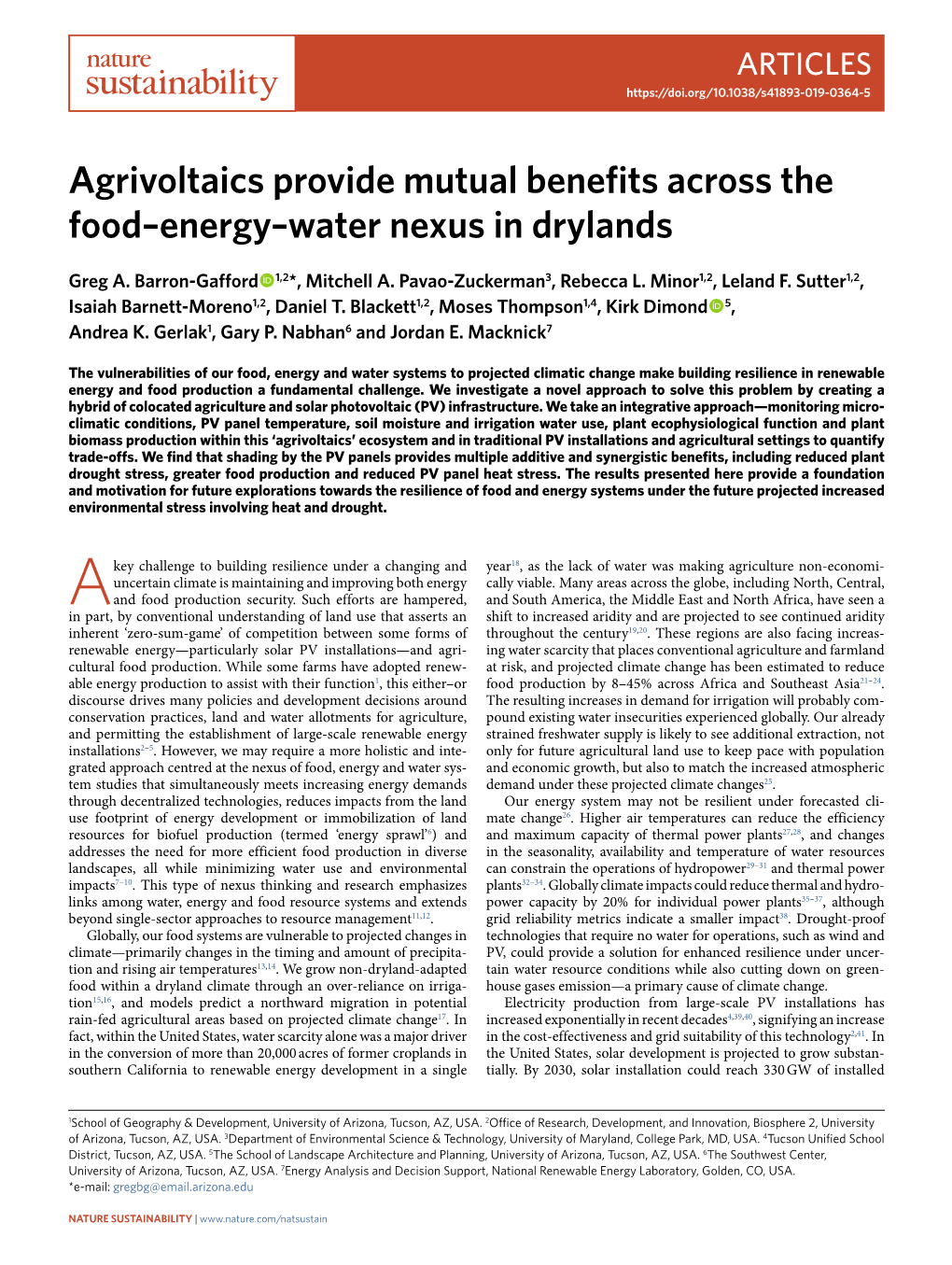 Agrivoltaics Provide Mutual Benefits Across the Food–Energy–Water Nexus in Drylands