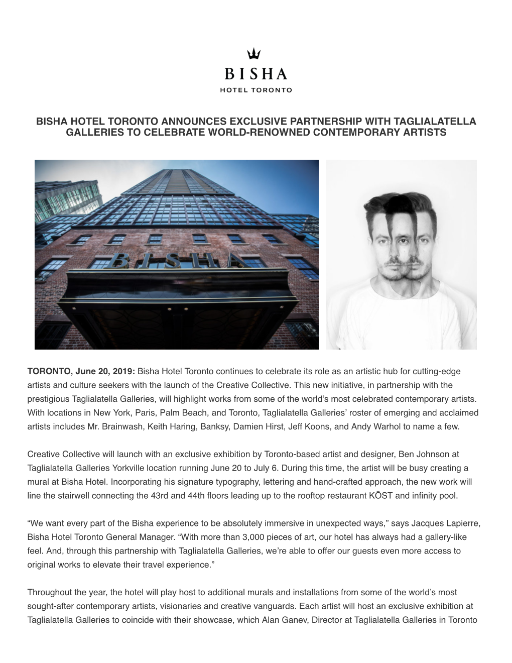 Bisha Hotel Toronto Announces Exclusive Partnership with Taglialatella Galleries to Celebrate World-Renowned Contemporary Artists