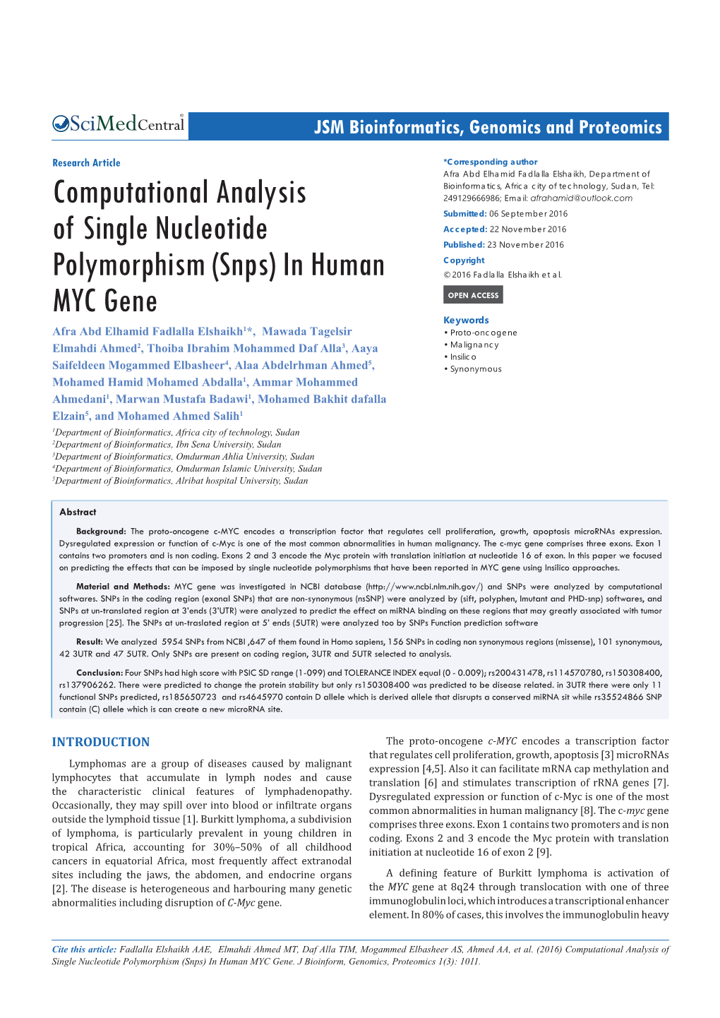 Computational Analysis of Single Nucleotide Polymorphism (Snps) in Human MYC Gene