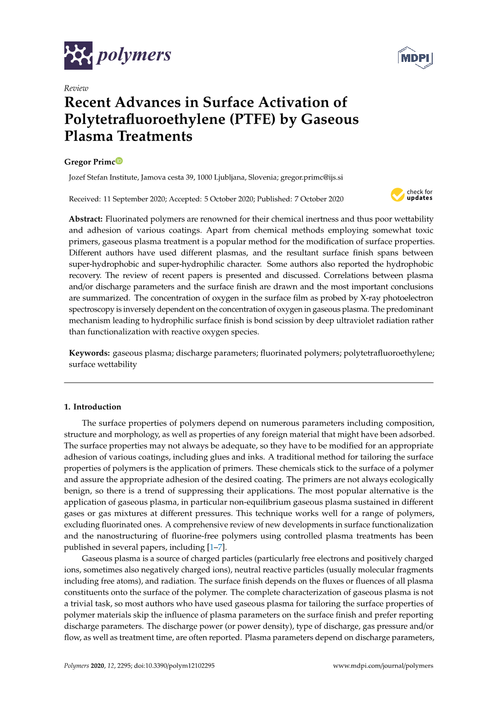 PTFE) by Gaseous Plasma Treatments