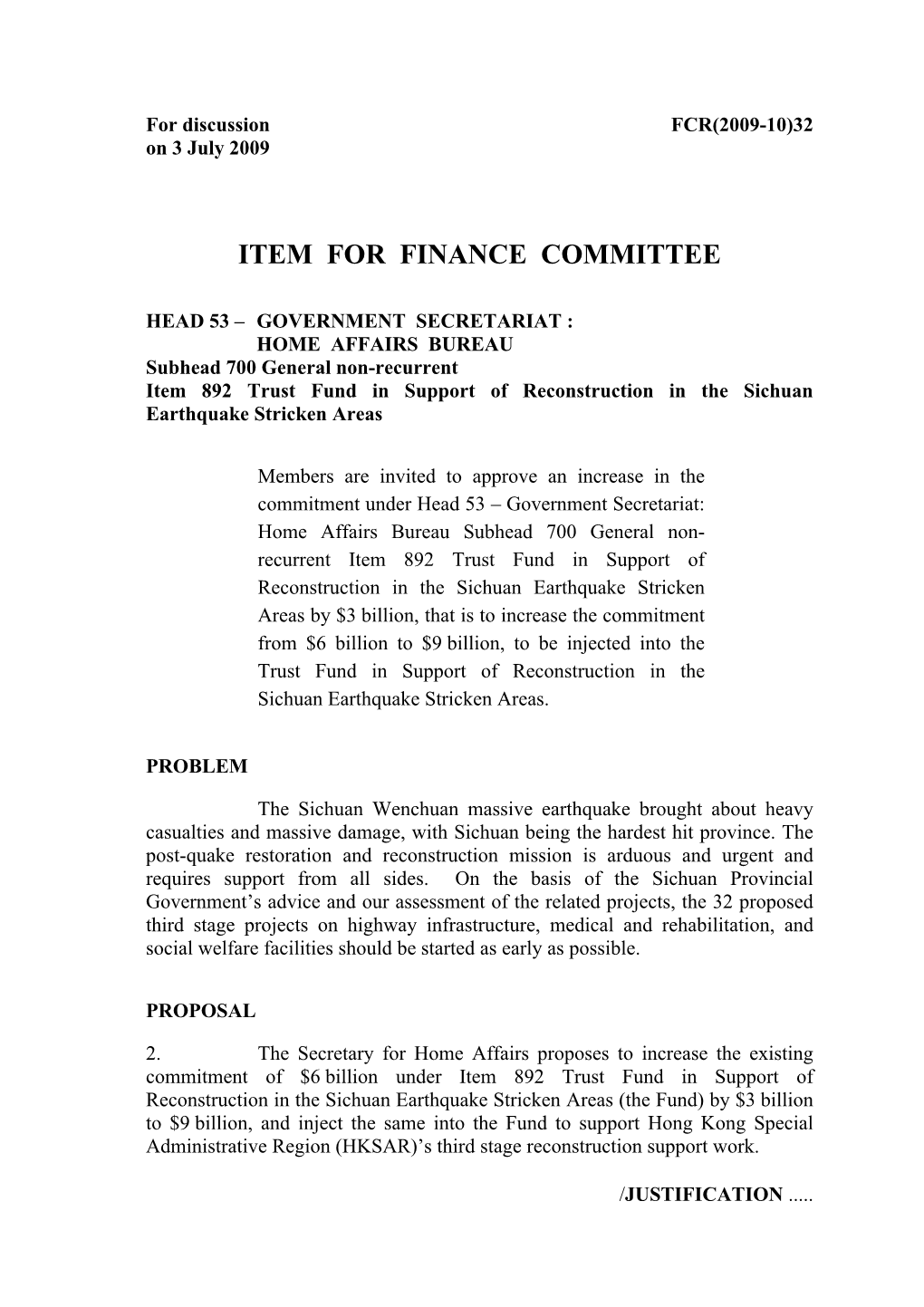 Item for Finance Committee