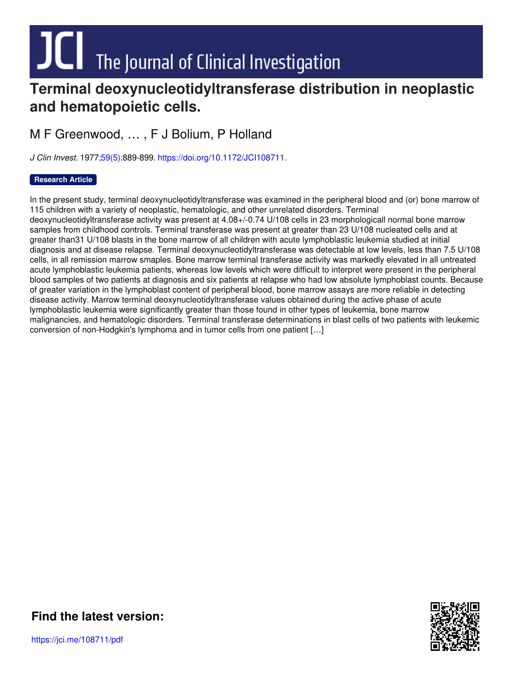 Terminal Deoxynucleotidyltransferase Distribution in Neoplastic and Hematopoietic Cells