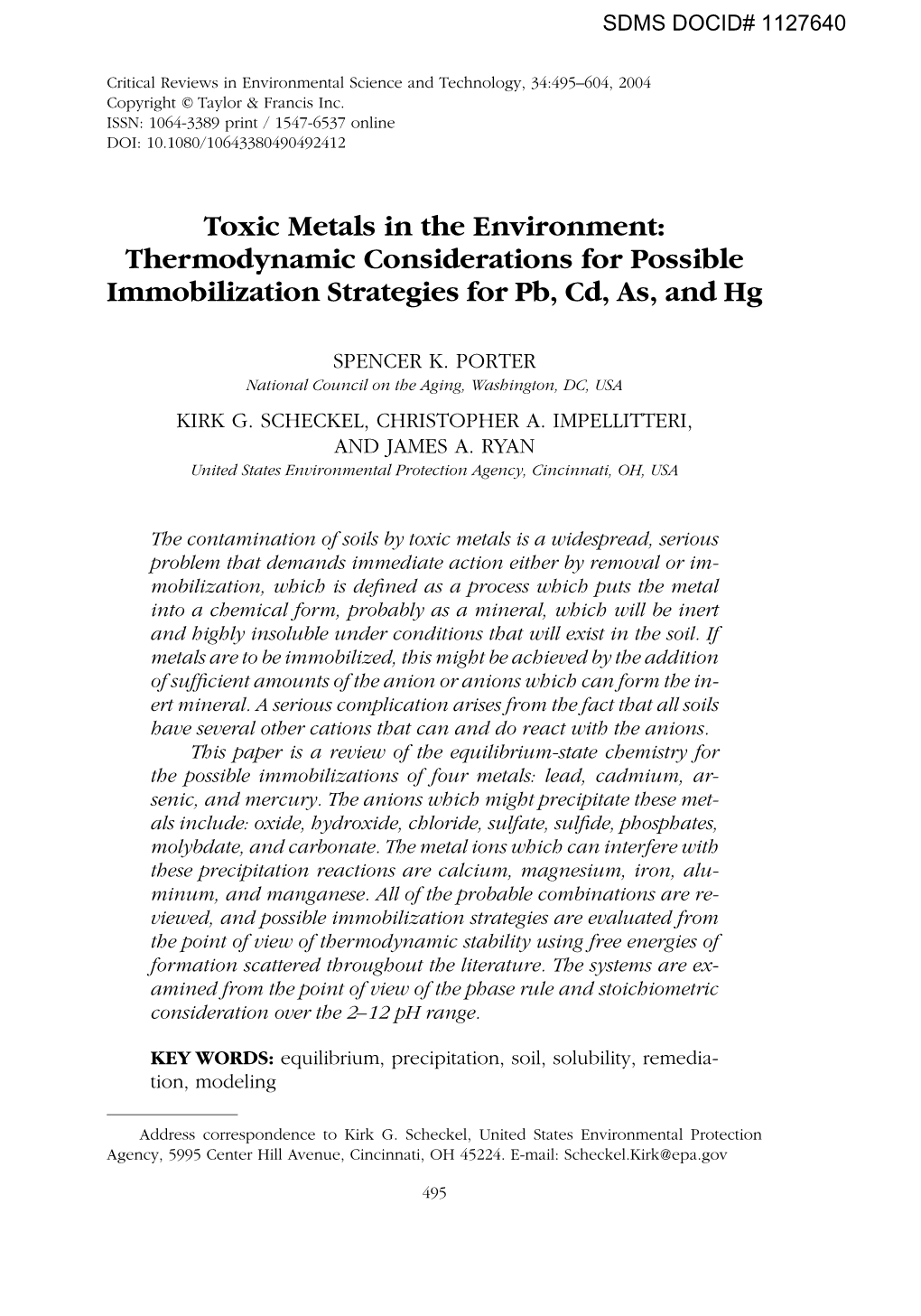 Thermodynamic Considerations for Possible Immobilization Strategies for Pb, Cd, As, and Hg