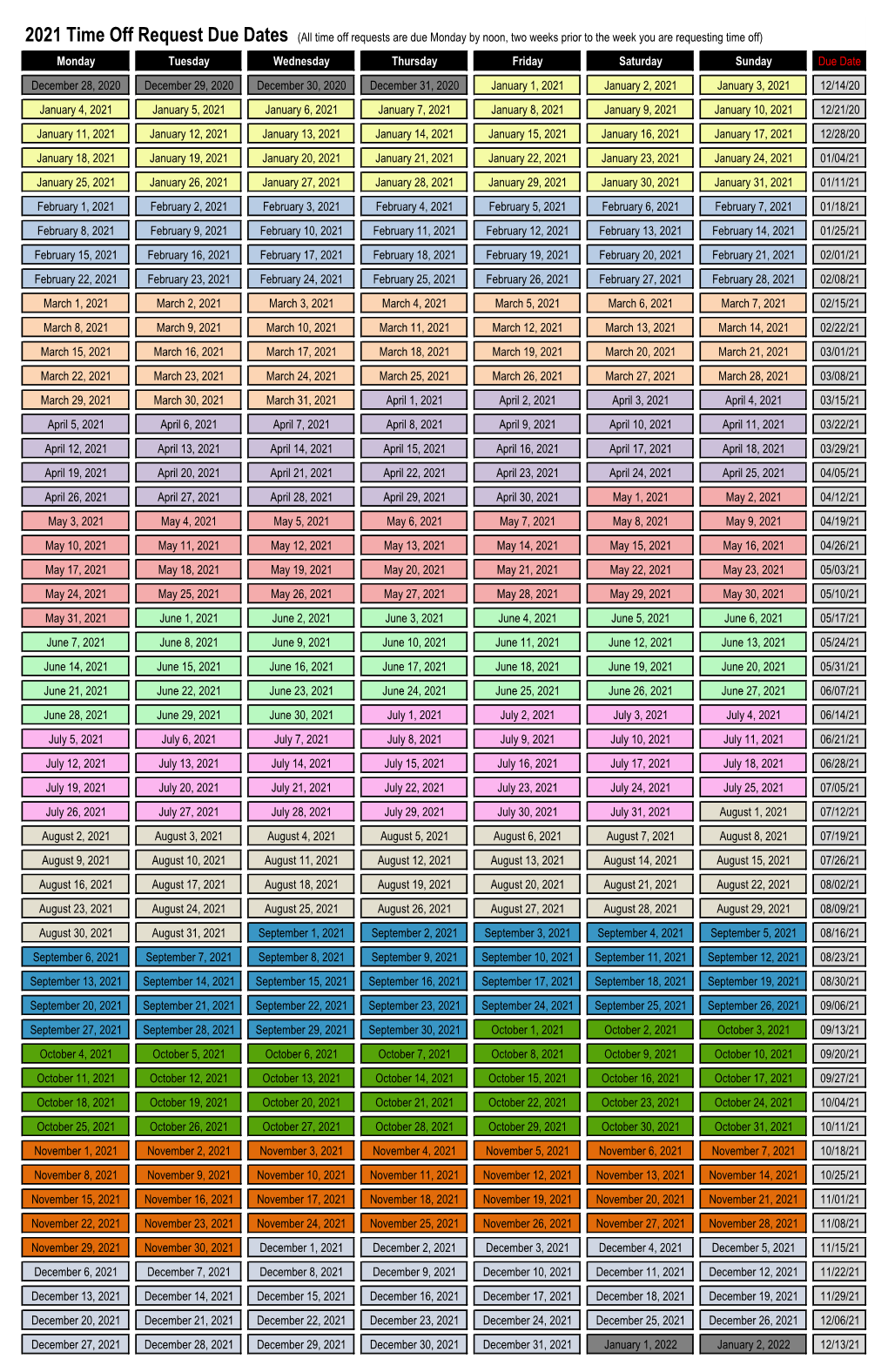 2021 Time Off Request Due Dates