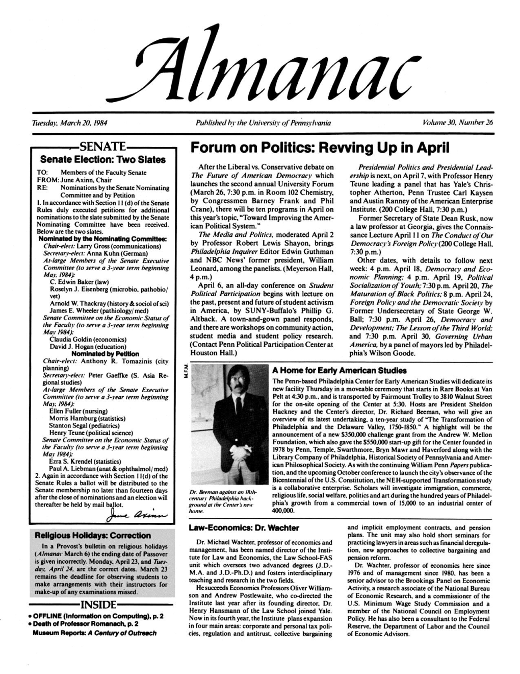 Almanac, 03/20/84, Vol. 30, No. 26