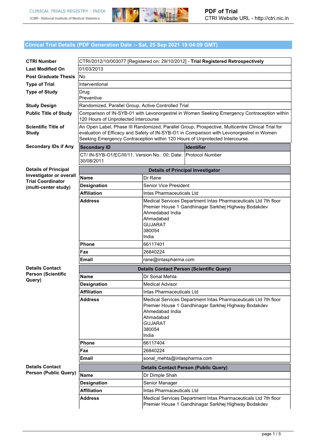 CTRI Trial Data