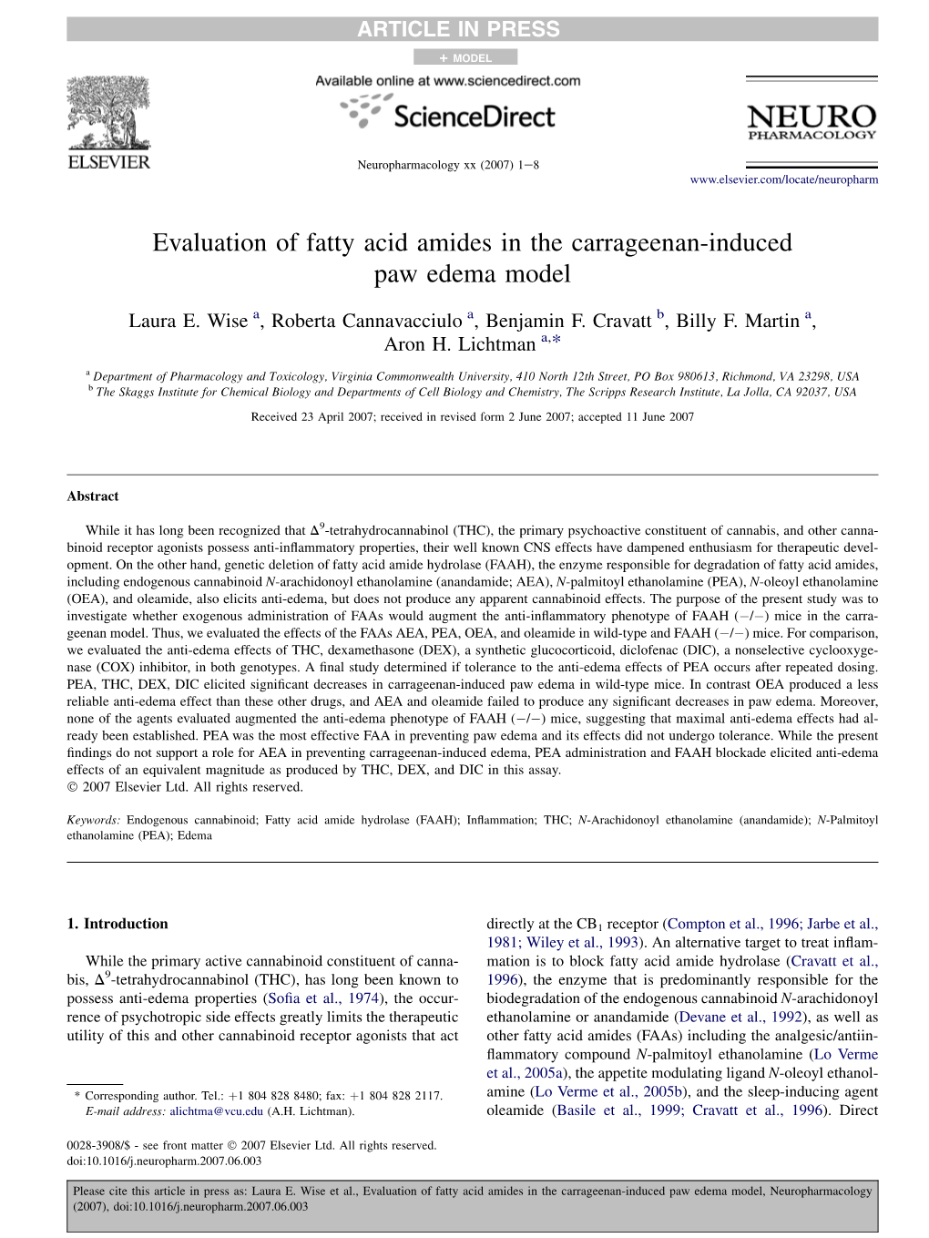 Evaluation of Fatty Acid Amides in the Carrageenan-Induced Paw Edema Model
