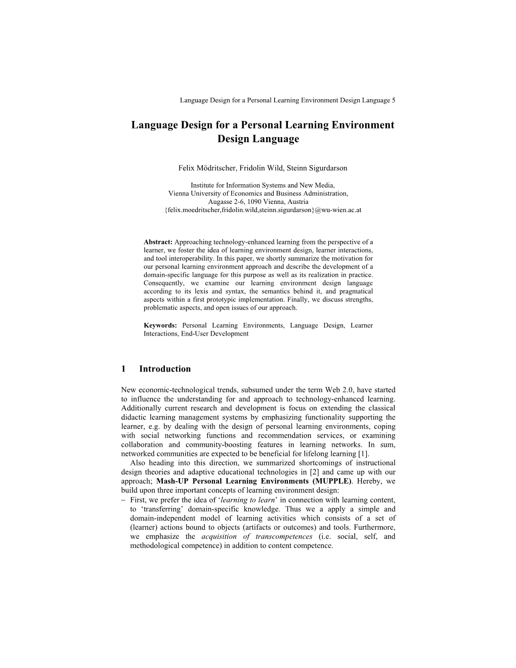Language Design for a Personal Learning Environment Design Language 5