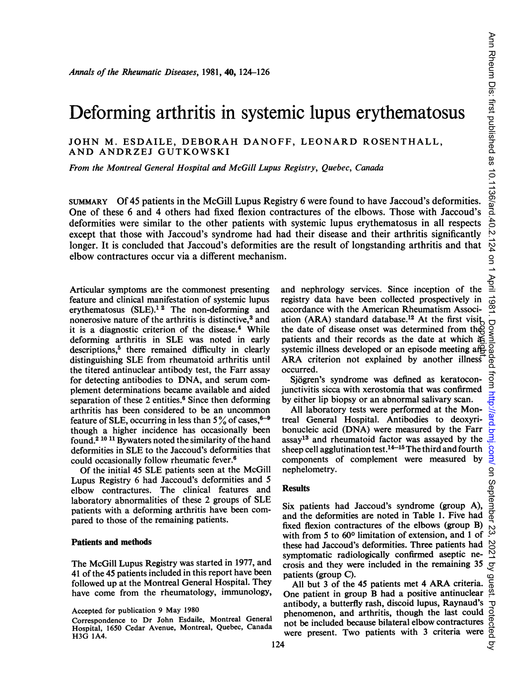 Deforming Arthritis in Systemic Lupus Erythematosus