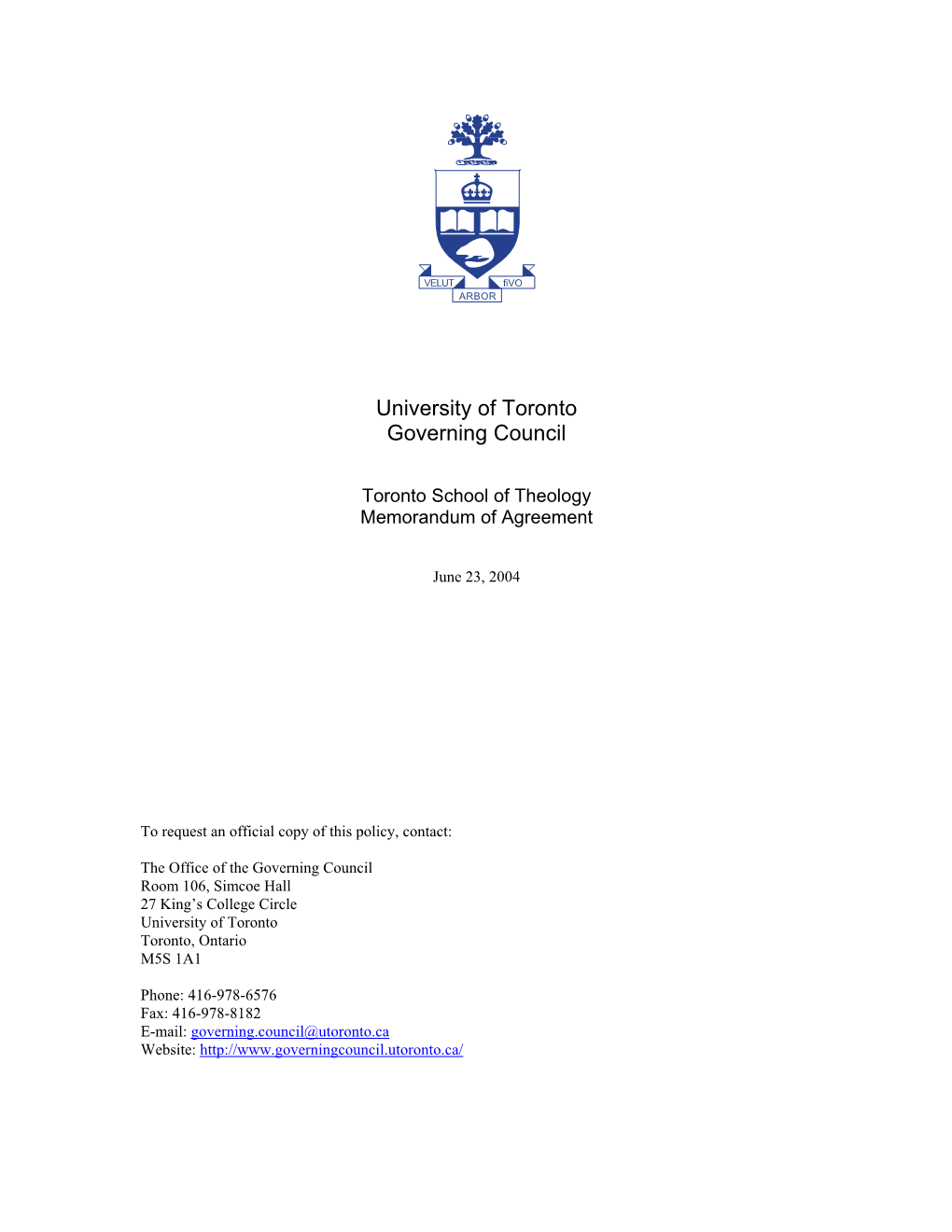 Toronto School of Theology Memorandum of Agreement