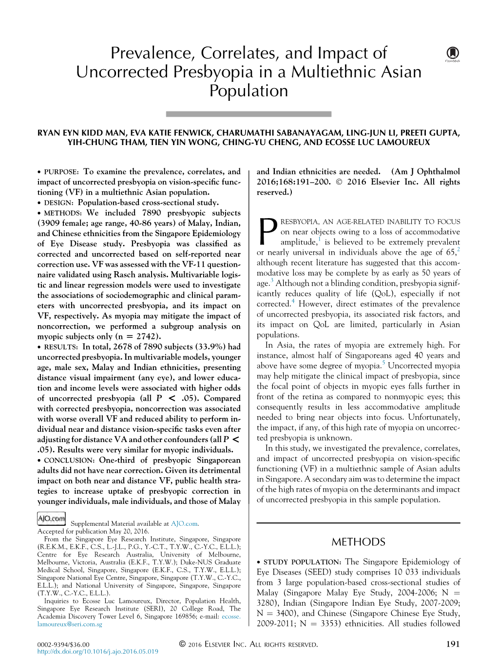 Prevalence, Correlates, and Impact of Uncorrected Presbyopia in a Multiethnic Asian Population