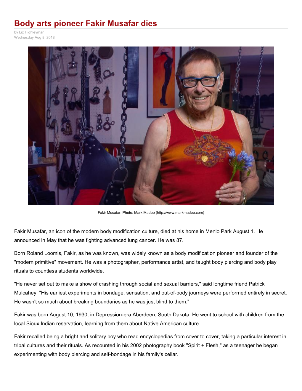 Body Arts Pioneer Fakir Musafar Dies by Liz Highleyman Wednesday Aug 8, 2018