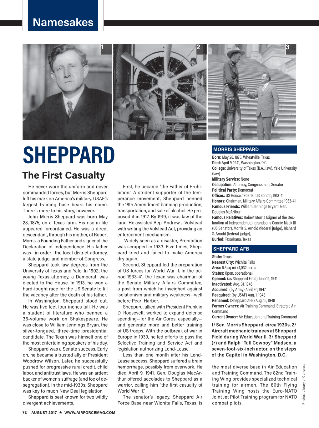 SHEPPARD Born: May 28, 1875, Wheatville, Texas SHEPPARD Died: April 9, 1941, Washington, D.C