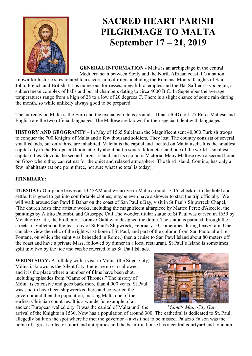 SACRED HEART PARISH PILGRIMAGE to MALTA September 17 – 21, 2019