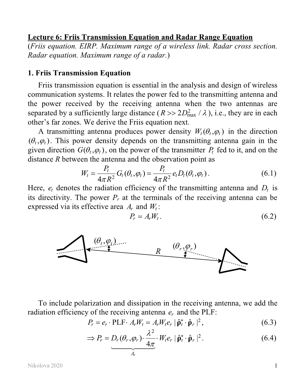 Lecture 6: Friis Transmission Equation and Radar Range Equation (Friis Equation