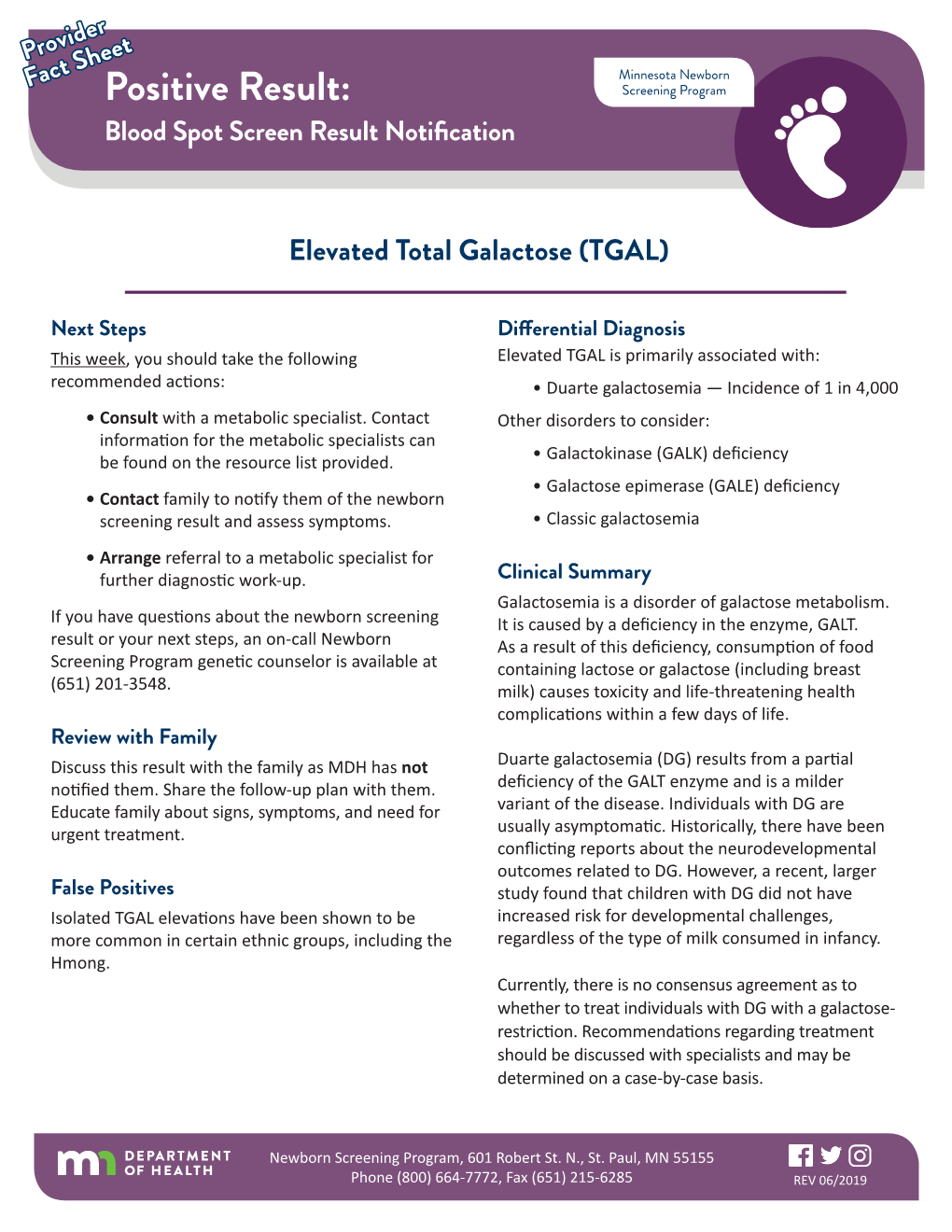 Elevated Total Galactose (TGAL) Provider Fact Sheet