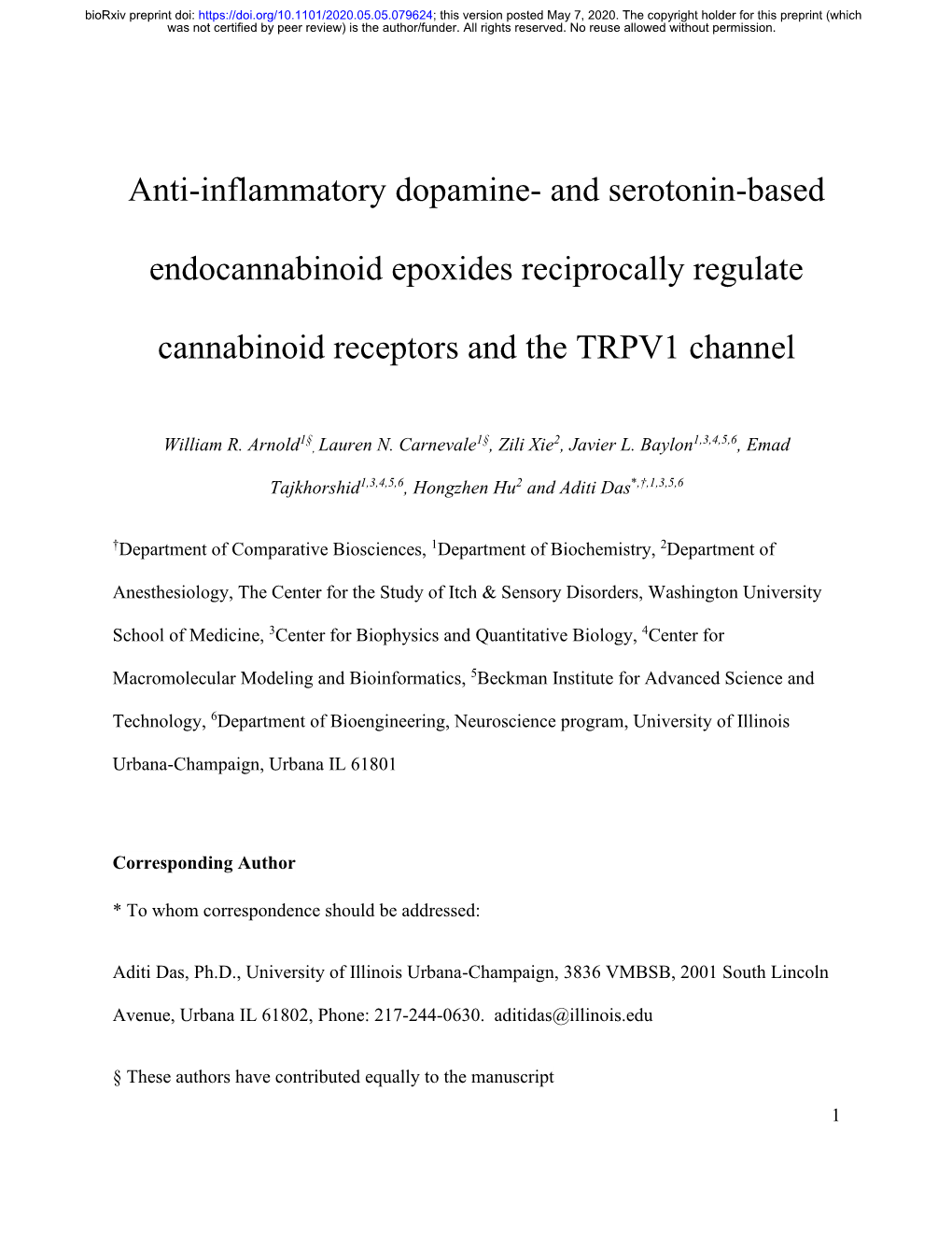 Anti-Inflammatory Dopamine- and Serotonin-Based Endocannabinoid