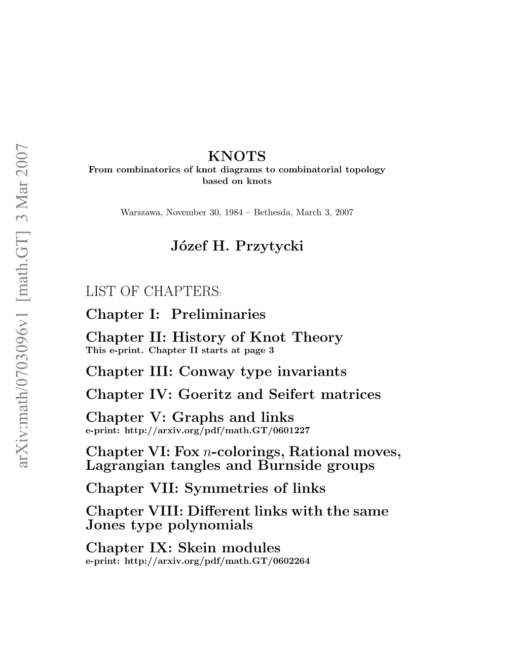 Preliminaries Chapter II: History of Knot Theory