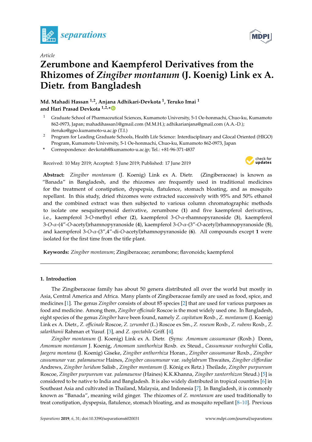 Zerumbone and Kaempferol Derivatives from the Rhizomes of Zingiber Montanum (J. Koenig) Link Ex A. Dietr. from Bangladesh