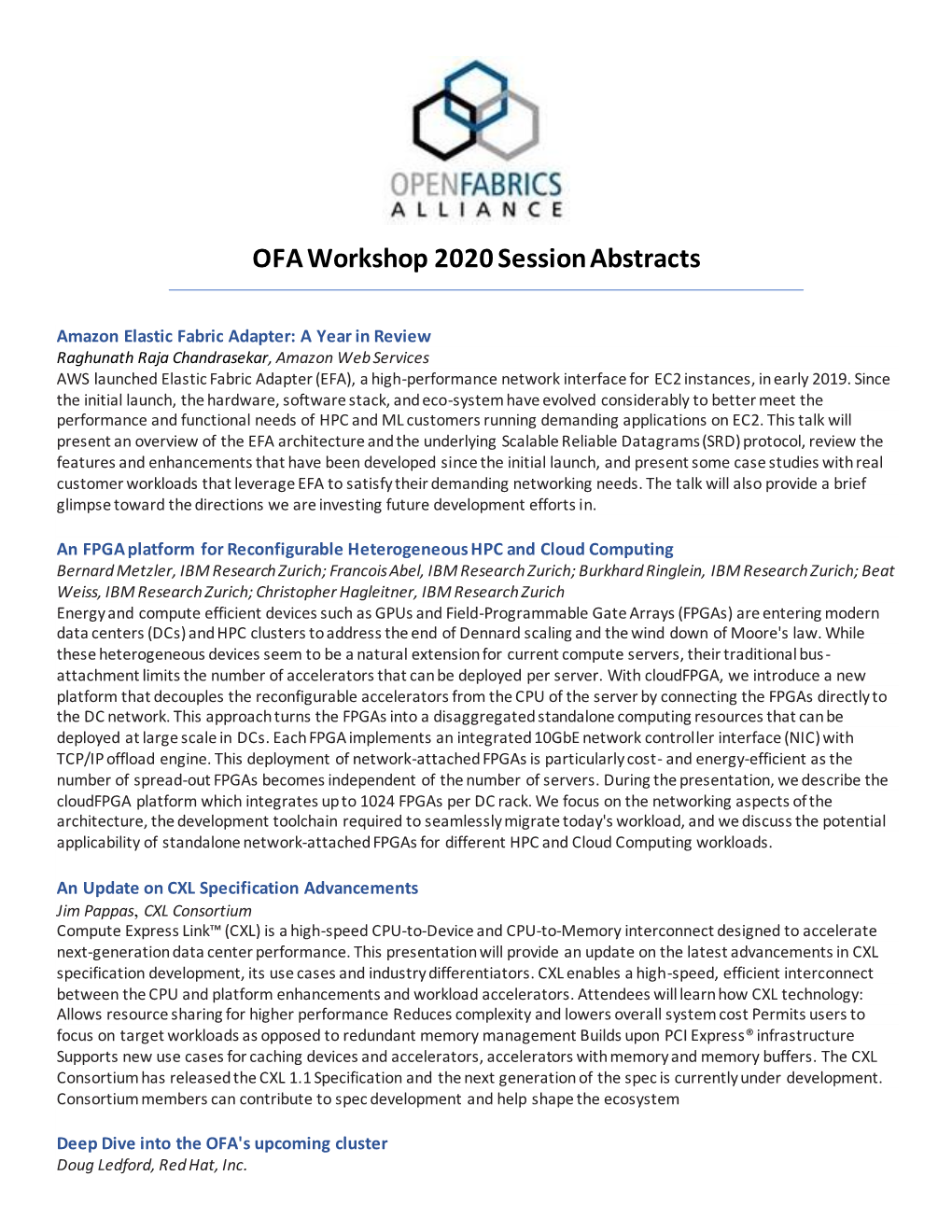 OFA Workshop 2020 Session Abstracts