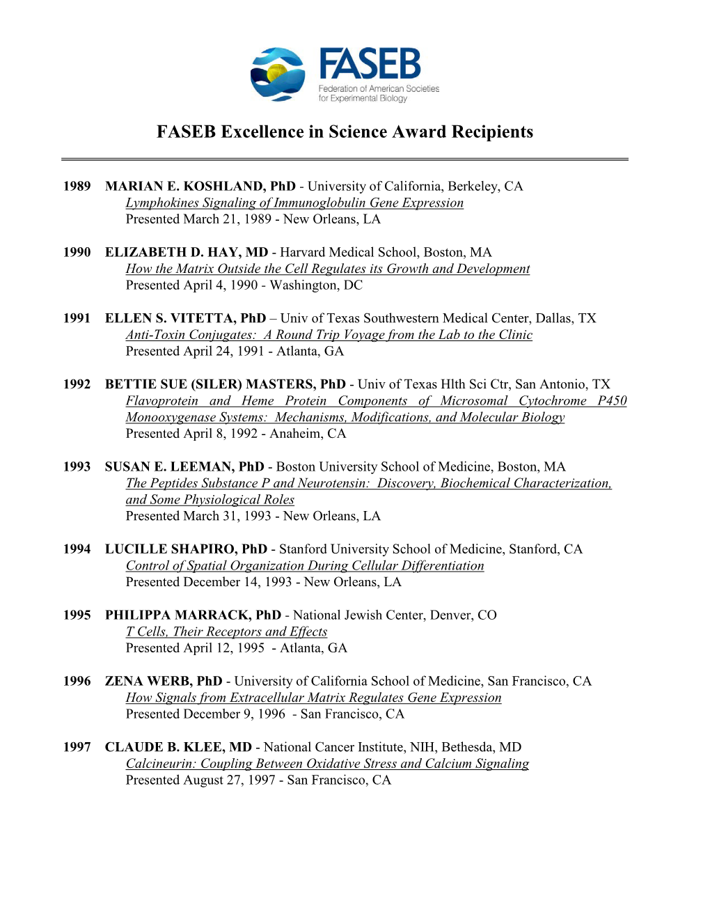 FASEB Excellence in Science Award Recipients