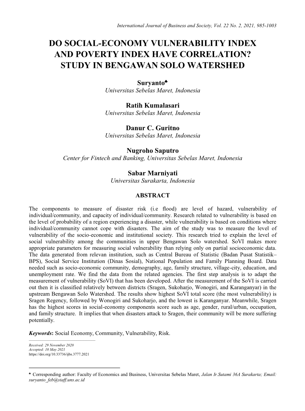 Do Social-Economy Vulnerability Index and Poverty Index Have Correlation? Study in Bengawan Solo Watershed