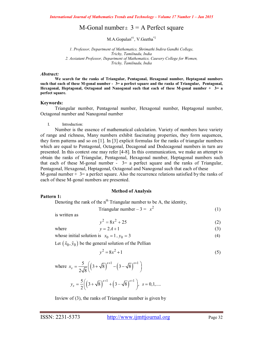 M-Gonal Number± 3 = a Perfect Square )