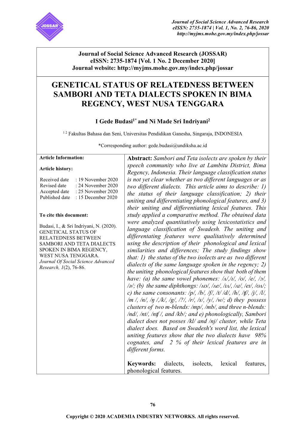 Genetical Status of Relatedness Between Sambori and Teta Dialects Spoken in Bima Regency, West Nusa Tenggara