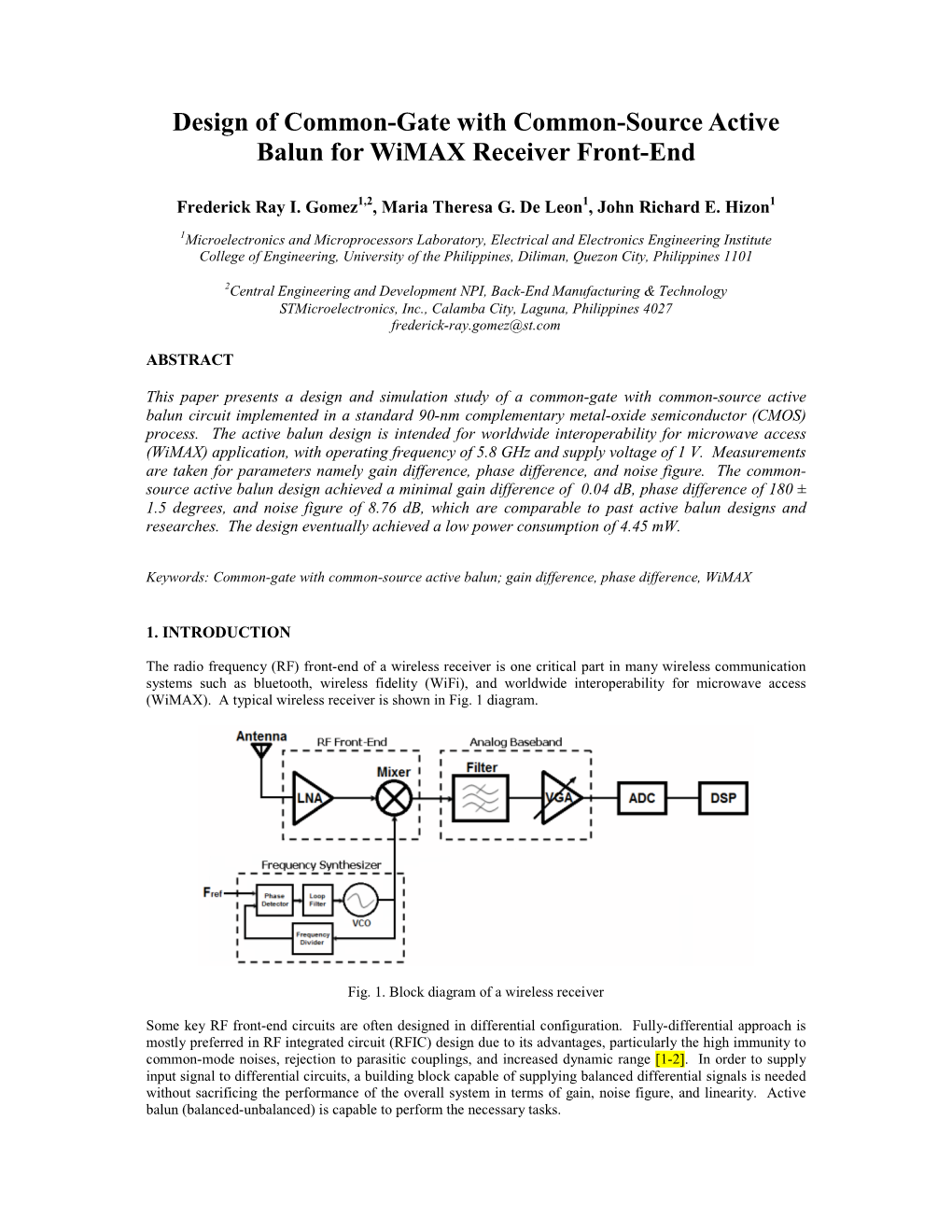 Design of Common-Gate with Common-Source Active Balun for Wimax Receiver Front-End