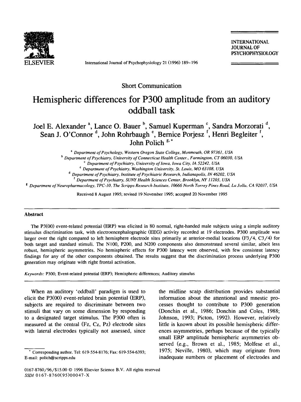 Hemispheric Differences for P300 Amplitude from an Auditory Oddball Task