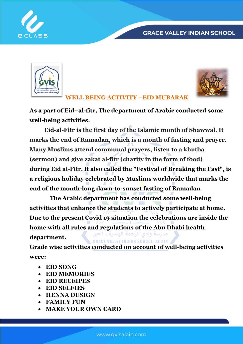 As a Part of Eid–Al-Fitr, the Department of Arabic Conducted Some Well-Being Activities