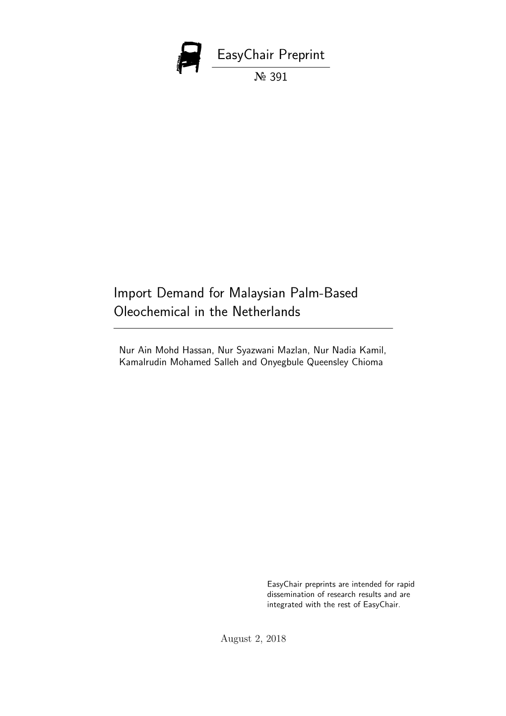 Import Demand for Malaysian Palm-Based Oleochemical in the Netherlands