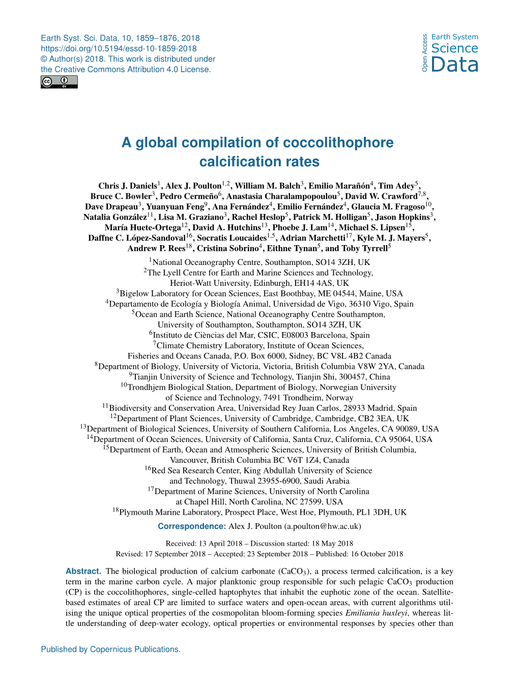 A Global Compilation of Coccolithophore Calcification Rates